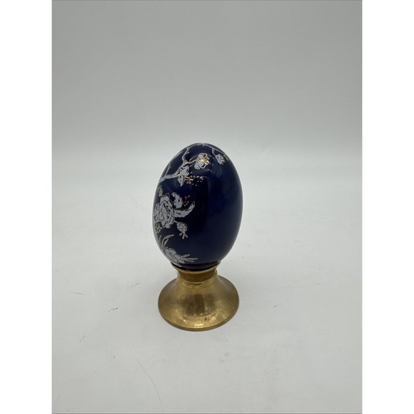 Multi- blue Tree Print Gold Gilded Egg with Brass Stand. - Picture 2 of 8
